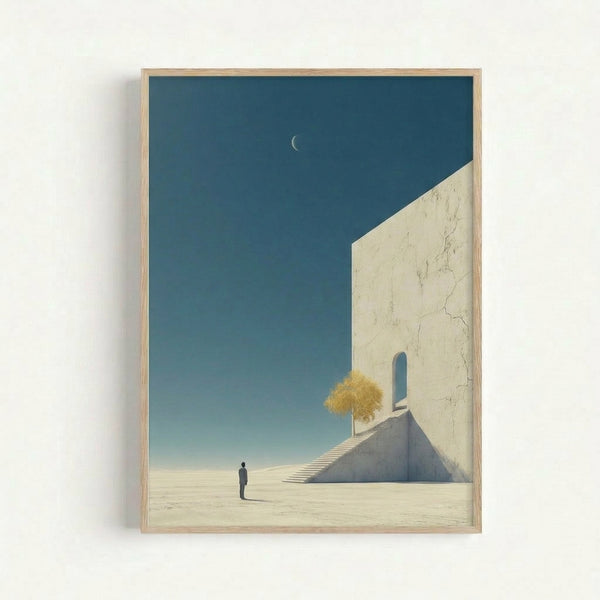 Dreamlike architectural poster showing a lone man climbing stairs that vanish into a moonlit desert expanse, painted in contemplative blues and warm neutrals with a wabi-sabi aesthetic.