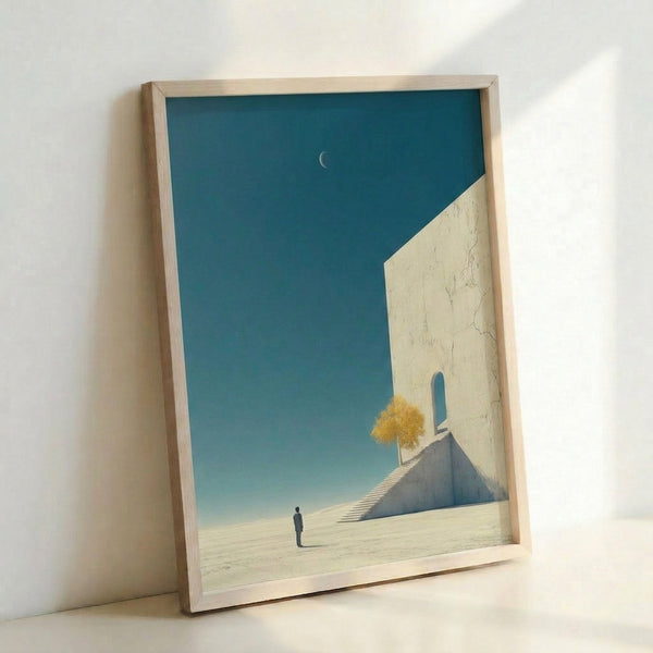 Surreal wall art depicting a solitary stairway rising through a barren landscape with a crescent moon and distant tree, executed in muted teal, grey, and cream with minimalist style.