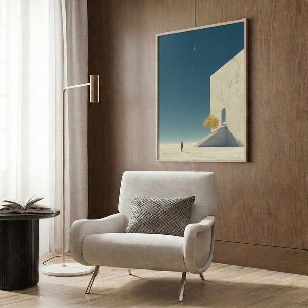 Minimalist surreal illustration showing a lone traveler navigating an ethereal staircase through moonlit desert terrain, rendered in cooler teals and warm creams with architectural serenity.