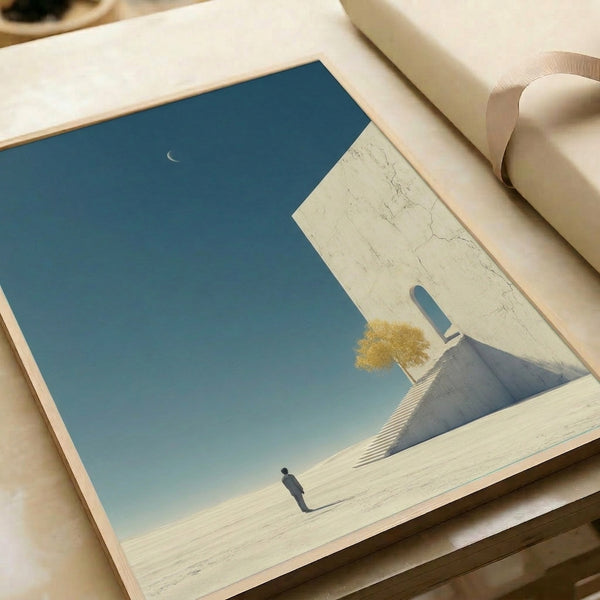 Contemplative surreal wall artwork of a man climbing abstract stairs through a moon-lit landscape with minimalist desert elements, composed in peaceful blues, creams, and muted yellows.
