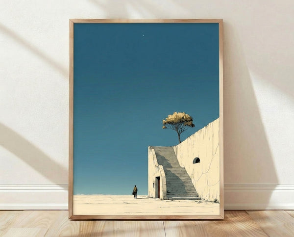Minimalist surreal artwork depicting a solitary figure ascending stairs toward a crescent moon in a desert landscape, rendered in teal blue, cream, and soft gold tones.