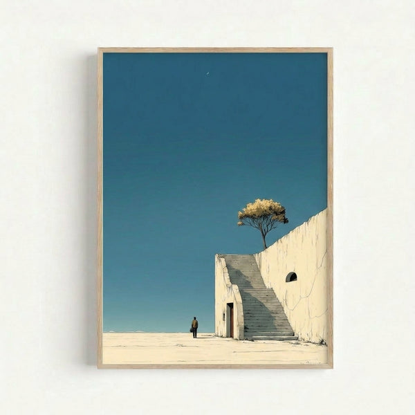 Modern framed art print showing a dreamlike scene with a lone person climbing steps under a crescent moon amid desert terrain in muted teal and beige.