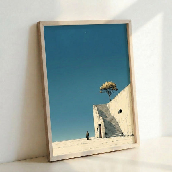 Contemplative surreal poster featuring a silhouetted figure on stairs reaching toward a crescent moon in a serene desert setting with charcoal and cream palette.