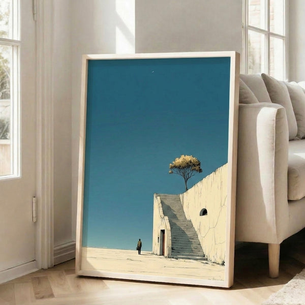 Minimalist wall art depicting an isolated figure ascending a stairway beneath a crescent moon in a vast desert, rendered in soft gold and teal blue hues.