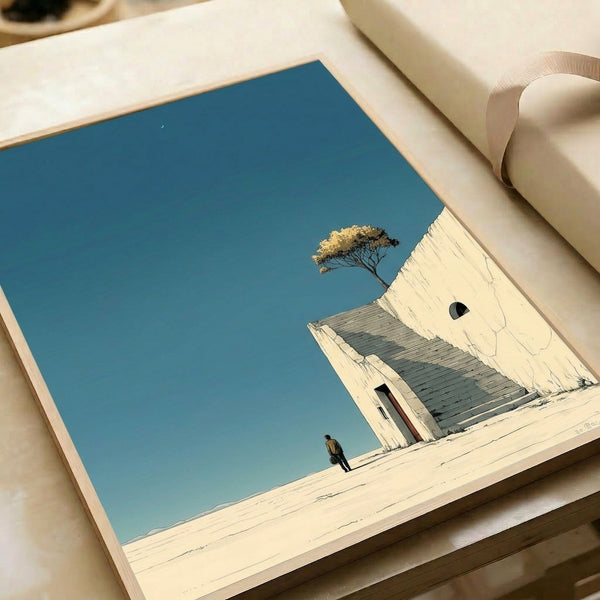 Serene surreal artwork of a solitary climber ascending stairs toward a crescent moon in a minimalist desert scene rendered in muted gold, teal, and cream tones.