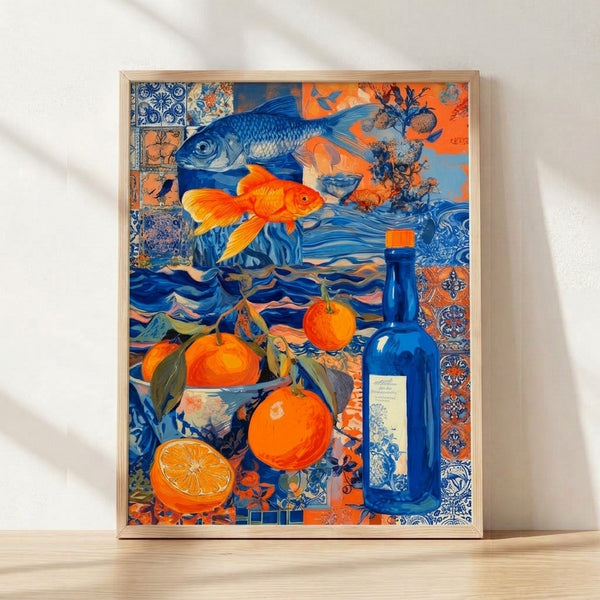 Framed modern art print featuring a surreal composition of koi goldfish swimming among bright oranges and a ceramic bottle, set against cobalt blue and teal tiles in an Art Nouveau style with vibrant, dreamlike mood.