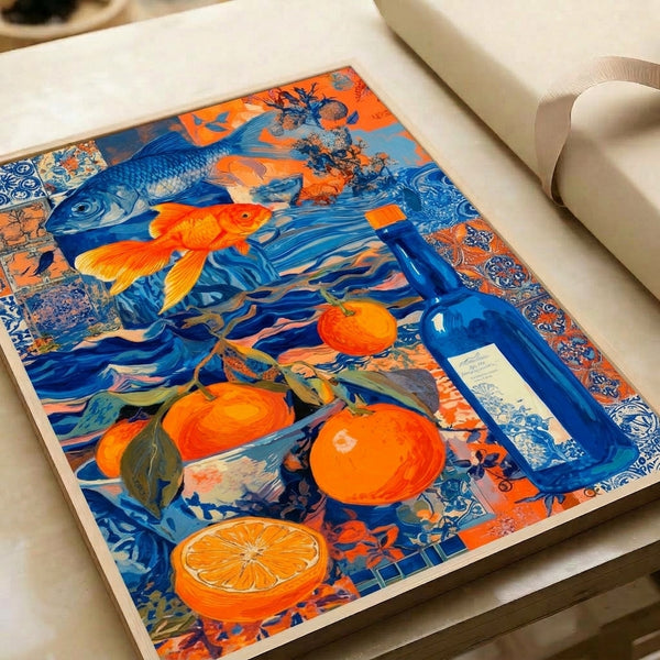 Modern surreal still life poster showing elegant koi fish among oranges and botanical elements in rich blues and warm oranges, framed as kitchen or dining room decor with dreamlike, vibrant energy.