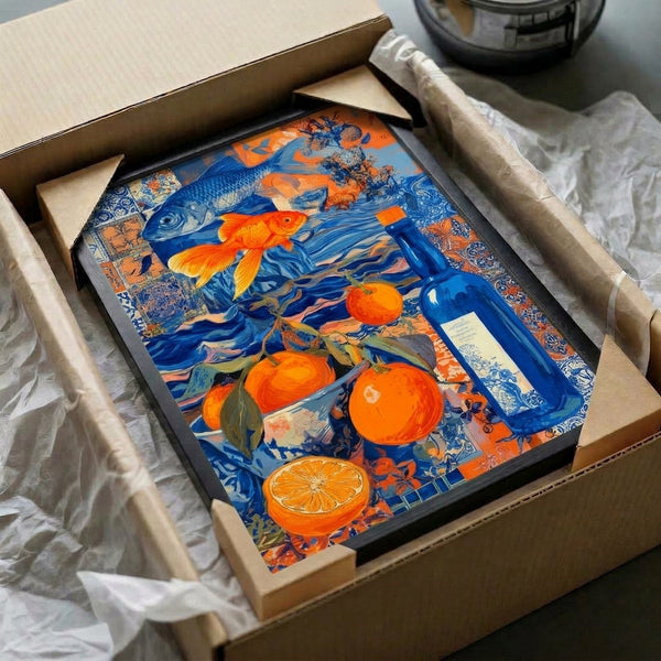 Framed abstract fish art combining goldfish, citrus, and ornamental details in a whimsical surreal style, rendered in striking cobalt blue, bright orange, and gold with Art Nouveau influences.