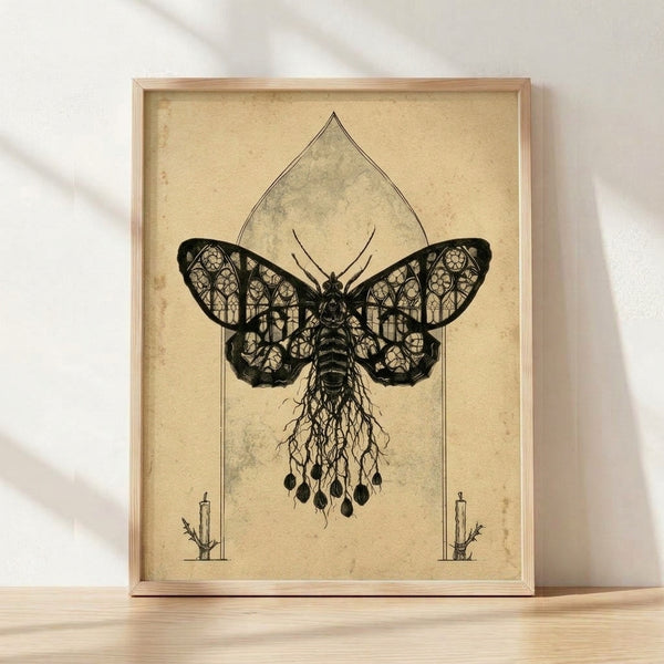 Framed surreal line art poster featuring a detailed moth with wings spread against a gothic cathedral window design, rendered in black ink on cream background with mystical roots and candlelight elements.
