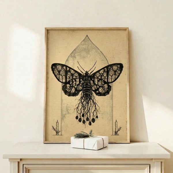 Haunting gothic art print showing an intricate moth figure intertwined with architectural cathedral motifs, roots, and candle imagery in minimalist black and tan linework on a light cream canvas.