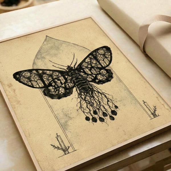 Dark gothic line art print featuring an ornate moth centered in a cathedral window composition with interweaving roots and candlelight, executed in black ink tones on cream paper.