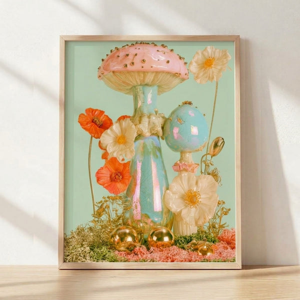 Surreal coquette poster art featuring jeweled mushrooms, daisies, and poppies in sage green, blush pink, and coral tones, framed on a wall with gold ornamental accents and dreamy whimsical mood.