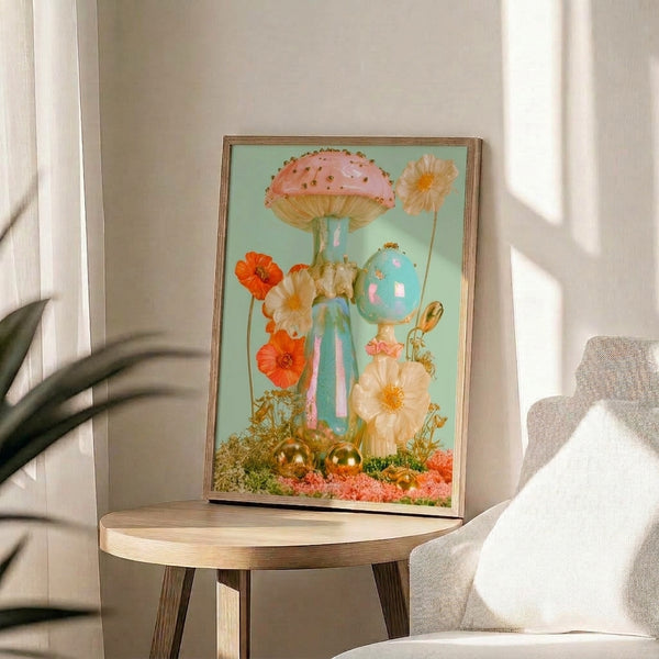 Whimsical framed art print showcasing ornate mushrooms, flowers, and a cream vase adorned with gold details against soft sage and coral palette in surreal coquette style.
