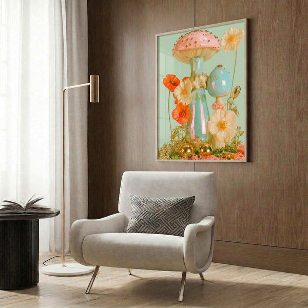 Fantasy poster with precious jeweled mushroom garden design including blooming flowers, moss, and golden sphere elements in muted blush, sage, and cream colors on a wall.