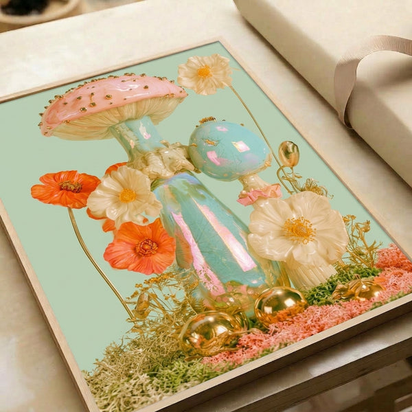 Dreamy surreal art print of an enchanted mushroom landscape with poppies, daisies, and ornate gold details in soft sage green and coral hues, displayed as a framed coquette wall accent.