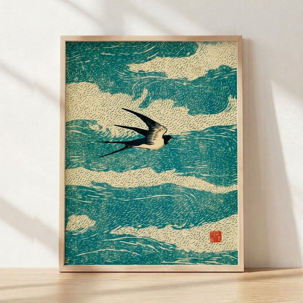 Minimalist Japanese woodblock-style framed poster depicting a swallow in flight over rolling waves, rendered in teal, sage green, and black line art with a serene, meditative mood.