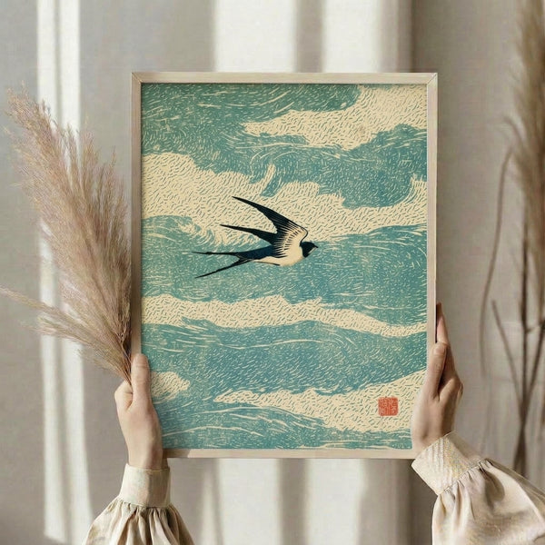 Serene framed poster of a bird gliding above ocean waves in Japanese ukiyo-e style, with delicate black lines and a soft palette of teal and sage creating a meditative focal point.