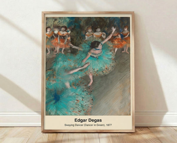 Impressionist painting of a graceful ballerina in a swaying pose wearing a green dress, rendered in soft pastels of cream, orange, and ochre tones on a framed wall art print.