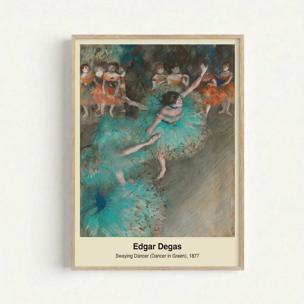 Dynamic ballet dancer captured mid-movement in an impressionistic style, featuring flowing green fabrics and warm complementary hues of orange and cream in this vintage-inspired poster.