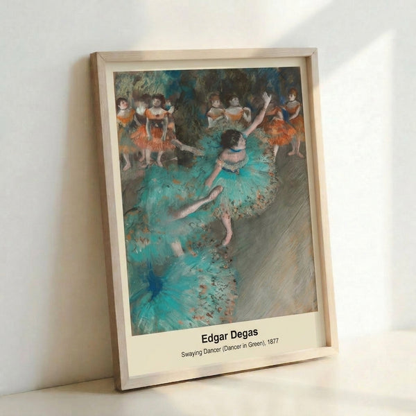 Contemplative portrait of a dancer in motion wearing green, painted in soft impressionist brushwork with pastel blue and ochre accents, displayed as a framed art print.