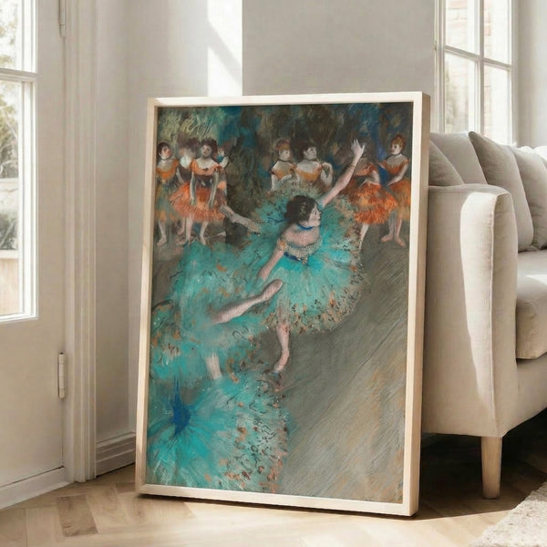 Graceful ballerina figure swaying in an impressionist composition dominated by luminous greens, warm oranges, and subtle cream tones in this classical dance wall art.