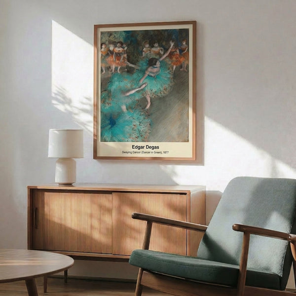 Soft impressionistic rendering of a swaying ballerina dressed in green with warm orange and cream highlights, capturing the ethereal quality of classical dance as a framed art piece.