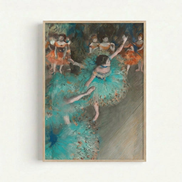 Classic art print depicting a dancer in an elegant green gown, rendered in the impressionistic style with delicate pastel colors and a contemplative, serene mood.