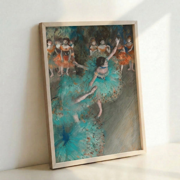 Vintage-inspired poster showing a swaying ballet dancer wearing a luminous green dress, executed in soft impressionistic technique with gentle earth and jewel tones.