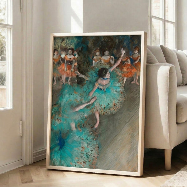 Framed fine art print of a ballerina in flowing green fabric, painted in impressionistic style with an intimate, graceful atmosphere and muted color palette.
