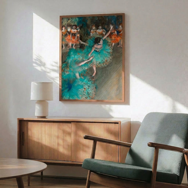 Impressionistic poster featuring a dancer in an iridescent green dress caught mid-movement, rendered with soft brushwork and a peaceful, dreamy aesthetic.