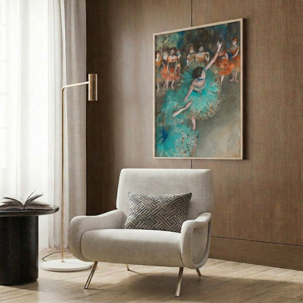 Elegant wall art print of a young ballerina adorned in a shimmering green tutu, portrayed through impressionistic technique with subtle, harmonious coloring.