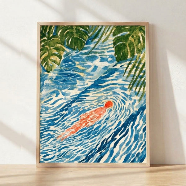 Watercolor painting of a serene swimmer in a deep blue stream, framed and displayed on a wall, with oversized forest green monstera leaves and minimalist Japanese-inspired brushwork in cream, coral, and yellow-green tones.