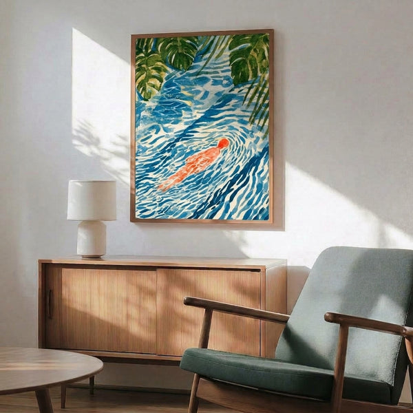 Serene watercolor poster showing a meditative figure in flowing blue water surrounded by tropical monstera leaves in forest green, with minimalist Asian artistic style and warm cream and coral highlights.