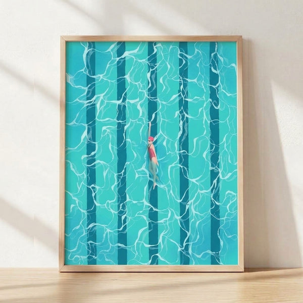 Minimalist coastal art print featuring an aerial view of a swimmer in turquoise water with seaweed, rendered in calm teal and coral pink tones on a white background.