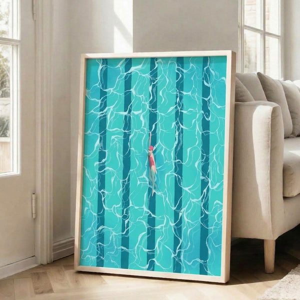 Serene modern wall art depicting a lone swimmer floating in a turquoise pool surrounded by stylized seaweed, with a peaceful minimalist aesthetic in soft coral and teal hues.