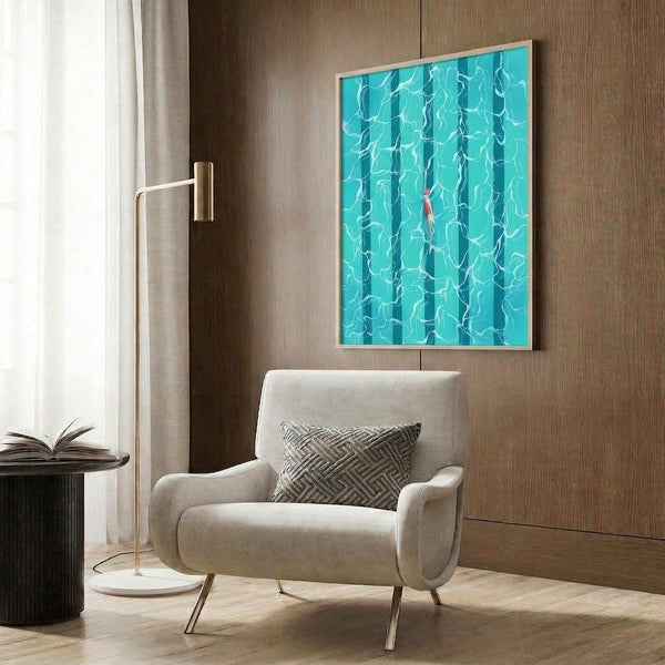 Modern minimalist print of an aerial swimmer view in a calm turquoise pool with seaweed motifs, featuring a soothing coastal palette of teal, coral, and white.