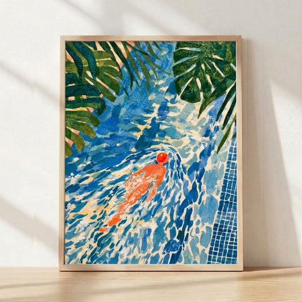 Watercolor painting of a serene swimmer floating in a deep blue pool surrounded by forest green and teal tropical leaves, rendered in a minimalist Japandi style with cream accents.