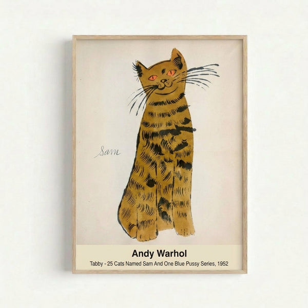 Tabby cat portrait in vibrant pop art style featuring a playful, domestic warmth conveyed through cream, gold, and orange hues with bold black outlines.