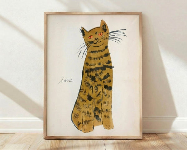 Pop art style poster featuring a grid of tabby cat portraits in vibrant, contrasting colors, with one blue cat among warm orange and purple tones.