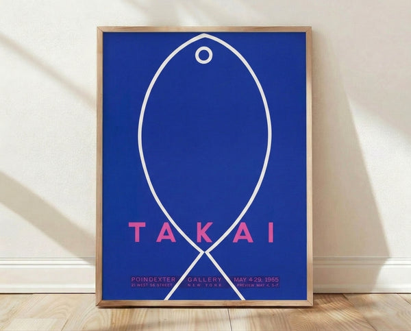 Minimalist Bauhaus poster featuring a geometric fish in deep blue and hot pink on white, a sophisticated 1965 gallery art print for contemporary interiors.