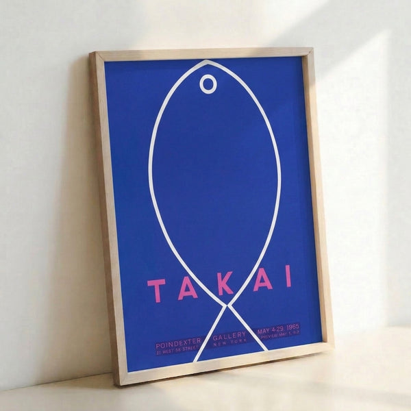Contemplative Bauhaus-style poster showcasing a stylized fish form rendered in bold hot pink and deep blue geometric shapes against a white background.
