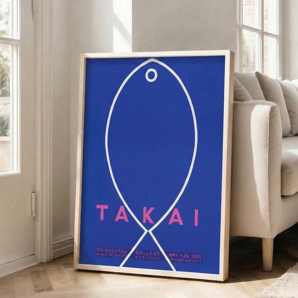 Sophisticated minimalist fish artwork in deep blue and hot pink geometric abstraction, inspired by 1960s Bauhaus gallery design principles.