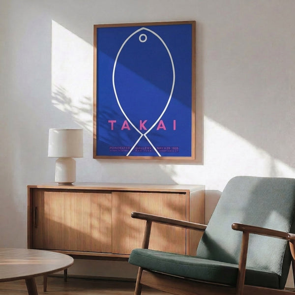 Framed modern art print with a minimalist fish motif in hot pink and deep blue, exemplifying clean Bauhaus design for minimalist wall decor.