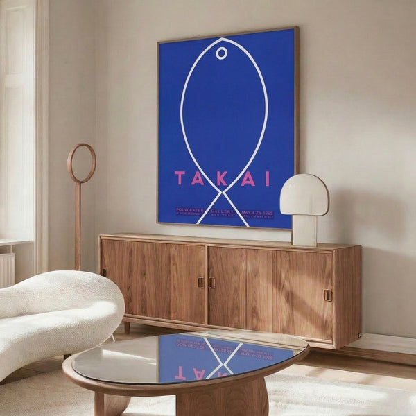 Deep blue and hot pink geometric fish composition on white, a refined minimalist Bauhaus-inspired poster suitable for contemporary living spaces.