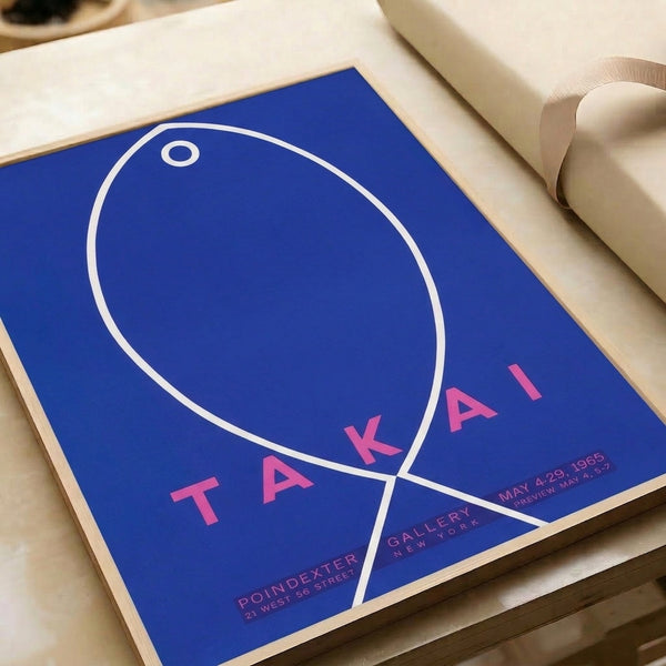 Contemplative minimalist poster featuring bold geometric fish forms in hot pink and deep blue, reflecting sophisticated Bauhaus modernism from 1965.