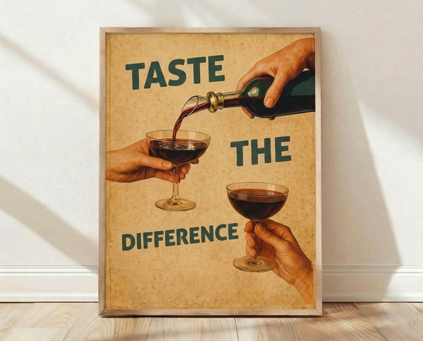 Vintage wine poster featuring a elegant hand holding a glass beside a bottle, rendered in warm cream, rust, and burgundy tones with teal accents in retro mid-century advertising style.