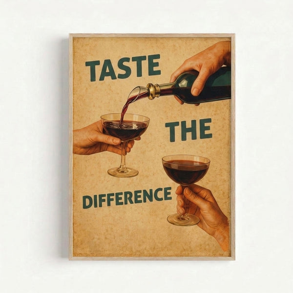 Framed retro art print showcasing a sophisticated wine toast scene with a raised glass and bottle, employing a classic color palette of tan, cream, and deep burgundy against teal highlights.