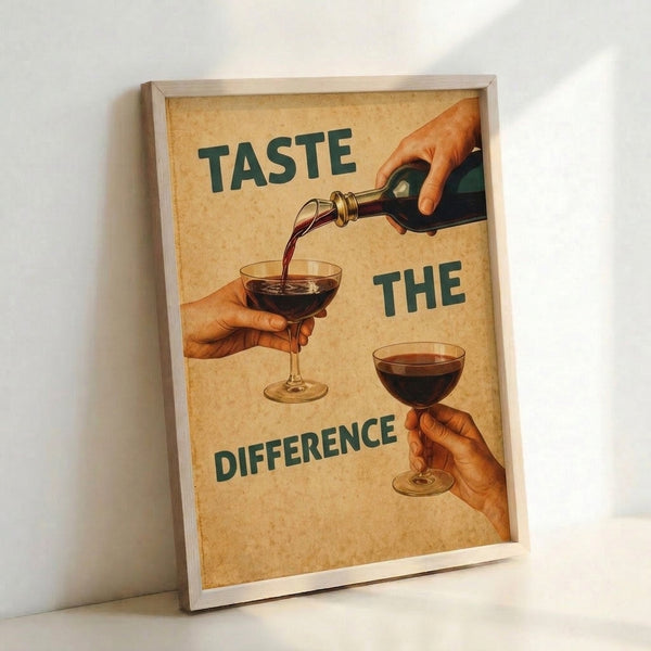 Elegant vintage-style poster depicting a refined wine moment with hand, glass, and bottle in creamy and rust hues, capturing mid-century advertising charm and sophisticated retro appeal.