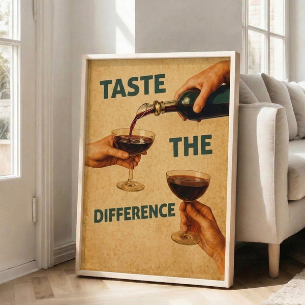 Retro wine advertisement poster art print with a graceful hand holding a glass next to a bottle, featuring warm cream and burgundy tones with teal accents for vintage elegance.