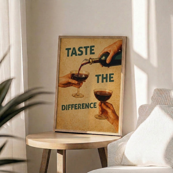 Framed vintage poster celebrating wine culture with a sophisticated hand reaching for a glass and bottle, rendered in a classic palette of cream, tan, rust, and teal.